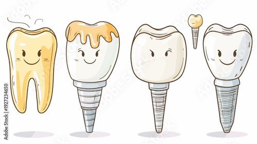 Adorable cartoon dental illustration featuring various teeth, including a healthy tooth and implants