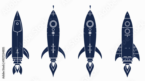 Four retro-styled dark blue rocket ship illustrations on a white background, varied designs