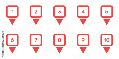 Numbered Location Pin Markers for Navigation and Mapping Icon Set. Geographic Position Indicators and Route Point Pins for Maps and Tracking Symbol Collection. Isolated Vector Illustration