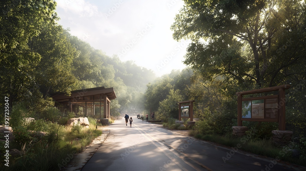 Obraz premium Visitors walk along a path in a nature park surrounded by trees in the morning light