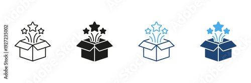 Open Box With Stars Line And Solid Icon Set. Surprise, Celebration, And Gift Unboxing Outline And Silhouette Symbol Collection. Festive Event And Excitement. Isolated Vector Illustration