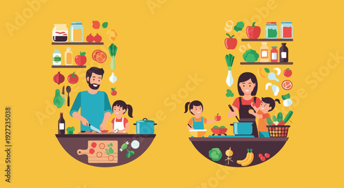 Flat vector illustration showing two families, each with a parent and children, joyfully preparing healthy meals with fresh ingredients.