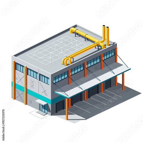 Modern industrial building with solar panels and pipes on the roof.