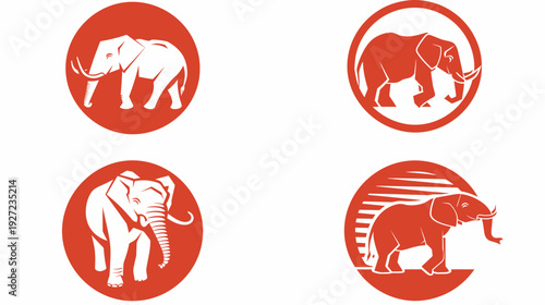 Four graphic designs showcasing elephants, each in a red circle, in white and red minimalist styles