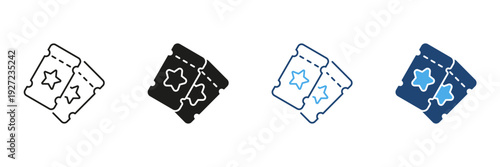 Two Event Tickets With Stars Line And Solid Icon Set. Entertainment, Admission, And Ticketing System Outline And Silhouette Symbol Collection. Concert And Movie Passes. Isolated Vector Illustration