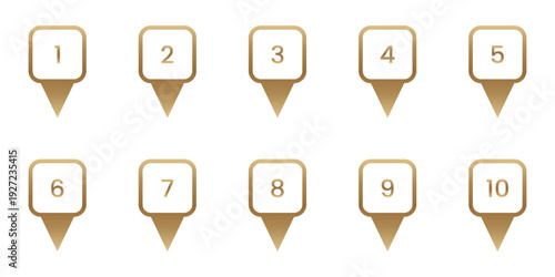 Numbered Gold Location Pin Icon Set. Sequential Numbering And Navigation Golden Marker Symbol Collection. Geolocation, Mapping, And Wayfinding Design Elements. Isolated Vector Illustration