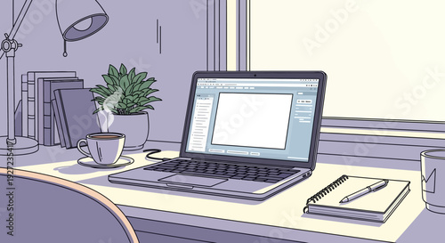 Modern office desk with laptop and stationery.