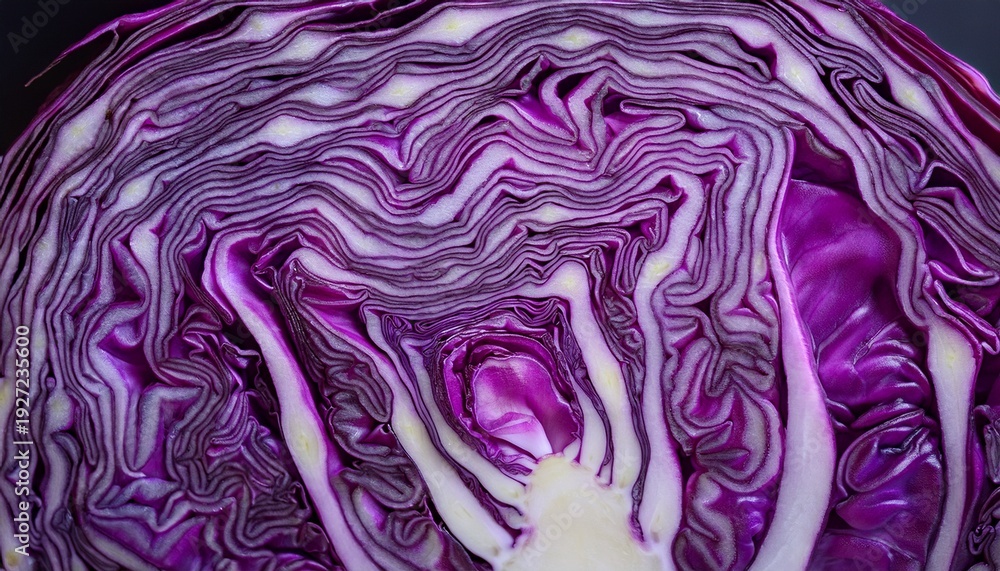 Obraz premium Closeup Of Vibrant Purple Cabbage Texture Showing Intricate Swirling Patterns And Layers Against A Dark Background For A Striking Visual Contrast