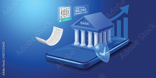 3D Digital Banking Concept with Mobile Bank App, Online Payment, QR Code Scan, Financial Growth Chart and Security Shield