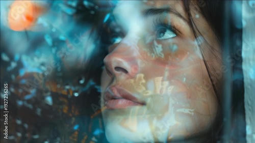 A high-resolution featuring a beautiful female model with glowing skin and surroundings. The is artistic and perfect for various uses in design and media.