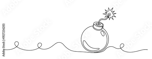 Continuous line drawing of a cartoon bomb with lit fuse. No editable stroke