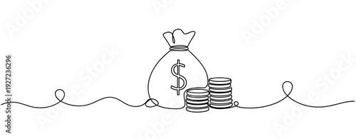 Simple line drawing of money bag and coins symbolizing wealth and finance. No editable stroke