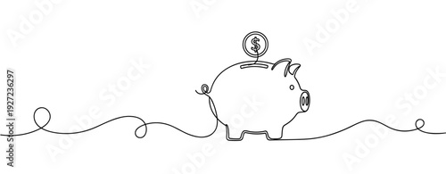 Minimalist piggy bank line drawing with coin and dollar sign. No editable stroke