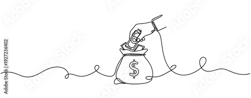 Continuous line drawing of hand placing money into bag with dollar sign. No editable stroke