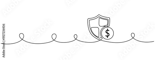 Continuous line art of shield and dollar sign for financial security. No editable stroke