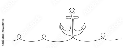 Minimalist continuous line drawing of anchor in waves. No editable stroke