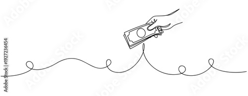 Minimalist line art of hand holding money above wave pattern. No editable stroke