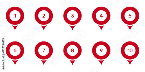 Numbered Location Pin Markers for Navigation and Mapping Icon Set. Geographic Position Indicators and Route Point Pins for Maps and Tracking Symbol Collection. Isolated Vector Illustration