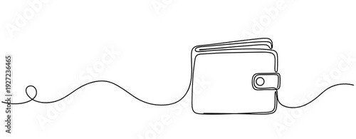 Minimalist line art of wallet with coin string on white background. No editable stroke