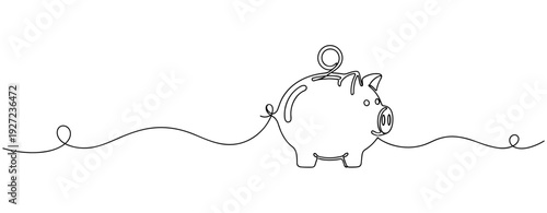 Continuous line drawing of a piggy bank on a white background. No editable stroke