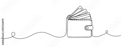 Minimalist continuous line drawing of open wallet with bills. No editable stroke