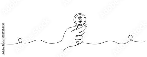 Continuous line drawing of hand holding coin with dollar symbol. No editable stroke