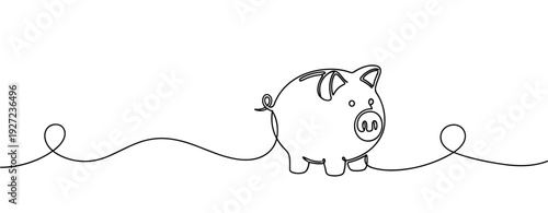 Minimalist continuous line drawing of piggy bank with string. No editable stroke