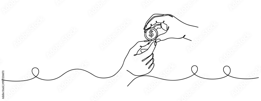 Obraz premium Continuous line art of hands exchanging dollar coin with simple design. No editable stroke