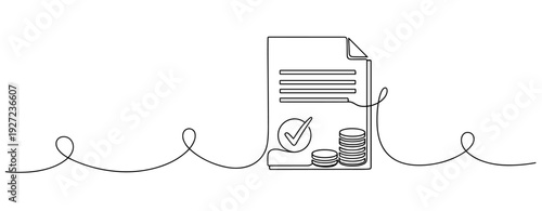 Continuous line drawing of financial document with checkmark and stacked coins. No editable stroke