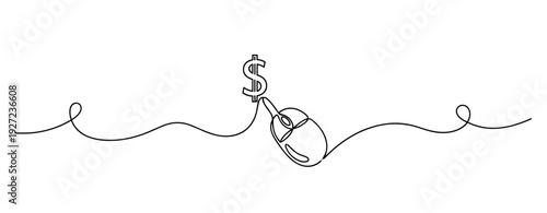 Mouse connected to dollar sign symbolizing online earning concept in minimalist line art. No editable stroke