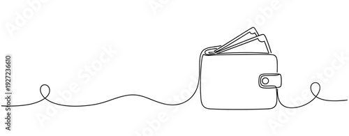 Minimalist continuous line drawing of wallet with banknotes. No editable stroke