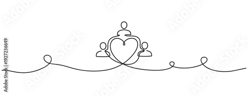 Simple continuous line drawing of family with heart symbol. No editable stroke