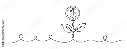 Continuous line drawing of money plant with dollar sign symbolizing financial growth. No editable stroke