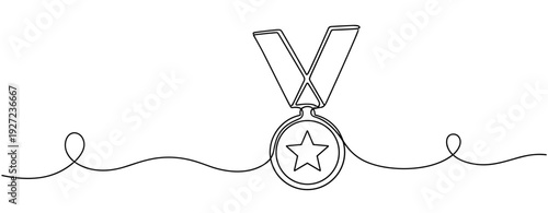 Continuous line drawing of medal with star illustration. No editable stroke