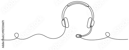 Minimalist line art of headphones with microphone in black and white. No editable stroke