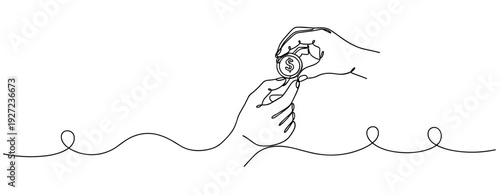 Continuous line art of hands exchanging dollar coin with simple design. No editable stroke