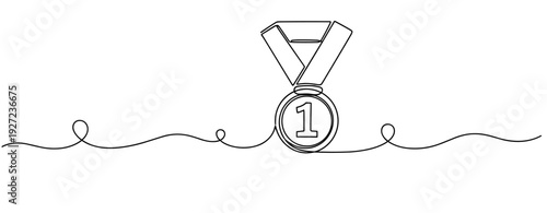 Outline drawing of a winning medal with ribbon and decorative line. No editable stroke