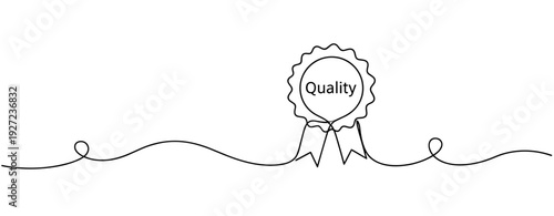 Quality certification badge with ribbon outline design on white background. No editable stroke
