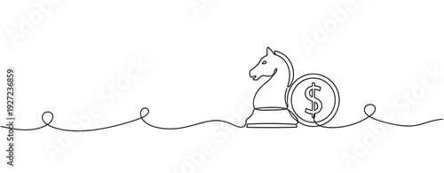 Minimalist continuous line drawing of chess knight and dollar sign. No editable stroke