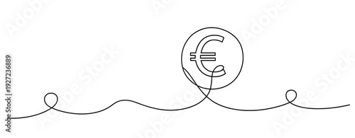 Minimalist continuous line art depiction of euro symbol on white background. No editable stroke