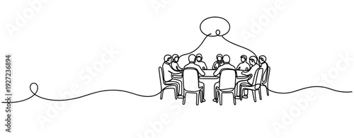 Continuous line drawing of a group business meeting around a conference table. No editable stroke