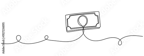 Minimalist continuous line drawing of a dollar bill floating on a wave. No editable stroke