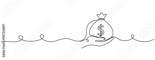 Continuous line drawing of hand holding money bag with dollar sign symbolizing wealth. No editable stroke