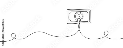 Continuous line drawing of hanging dollar bill with hook and line. No editable stroke