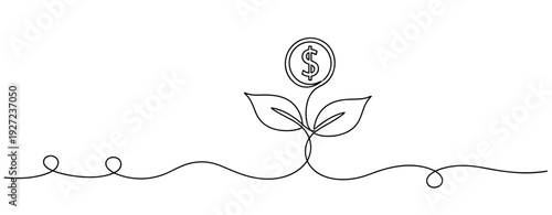 Continuous line drawing of a plant with dollar sign representing financial growth. No editable stroke