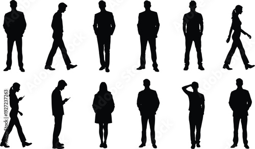 Black silhouettes of men and women in casual and business attire, standing and walking in varied postures, representing human movement, posture, and lifestyle illustration purposes