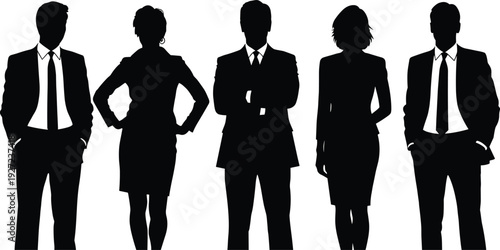 Black silhouettes of professionals in business attire, standing side by side in suits and skirts, representing corporate culture, teamwork, and professionalism for design illustration purposes