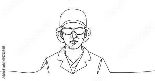 Line art portrait of caucasian female doctor in scrubs and glasses. No editable stroke