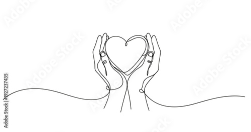 Continuous line art of hands holding a heart symbolizing love and care. No editable stroke
