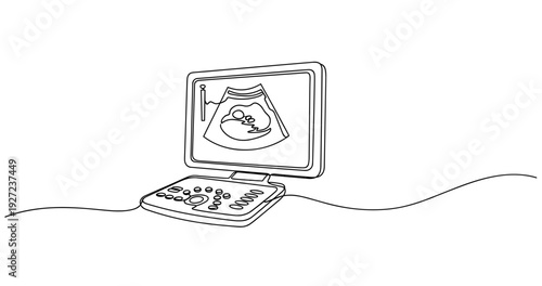 Ultrasound monitor displaying fetus image in line art style. No editable stroke